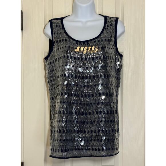 Coldwater Creek Tank Top 14 Sequin Black Silver Glam Party Holiday Sleeveless - Picture 1 of 8